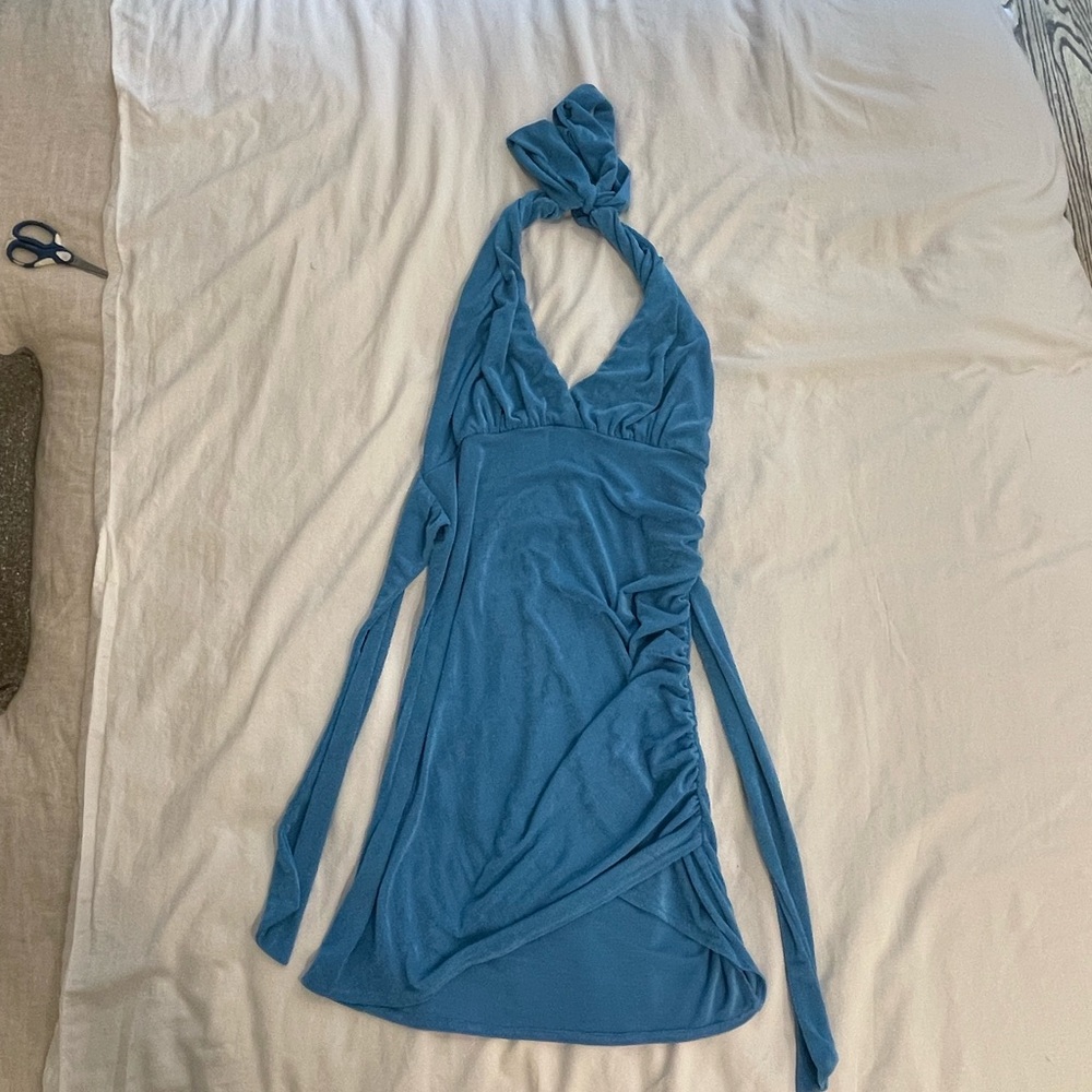 Blue halter cocktail dress